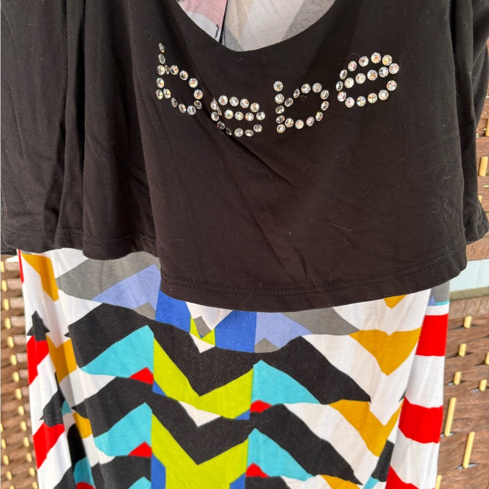 Bebe Black Rhinestone Top with Colorful Geometric Skirt